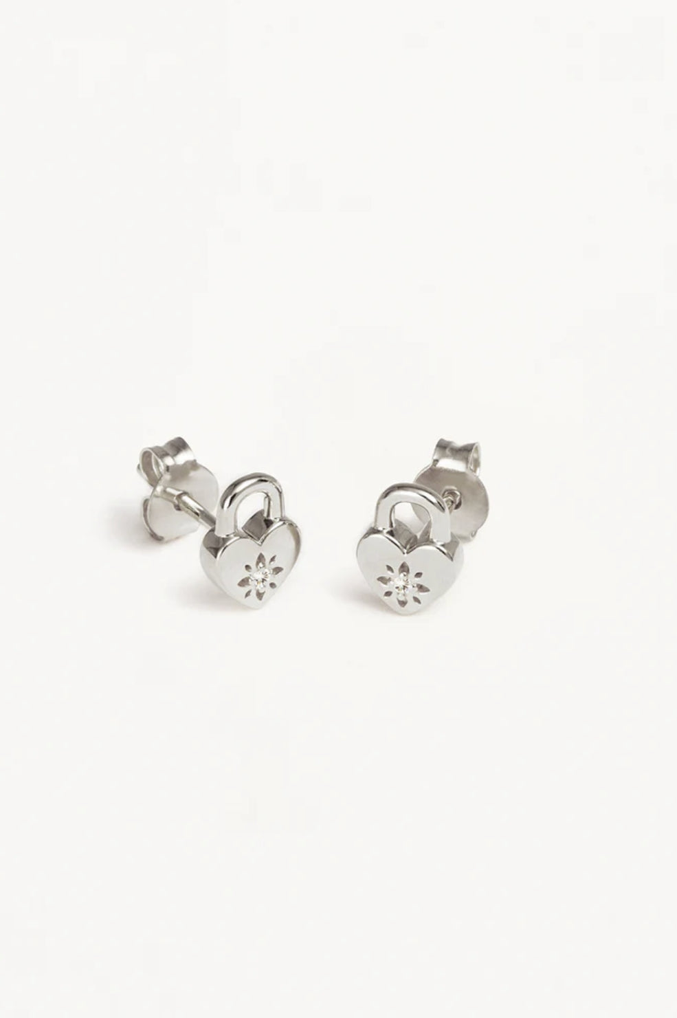 Crystal Lotus Heart Padlock Stud Earrings | Silver