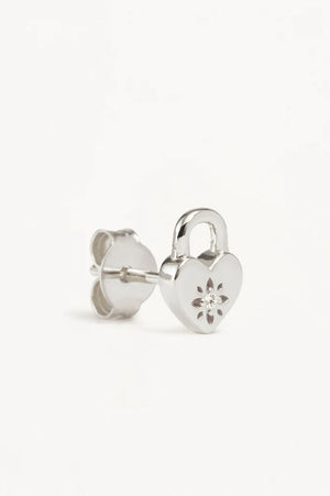 Crystal Lotus Heart Padlock Stud Earrings | Silver