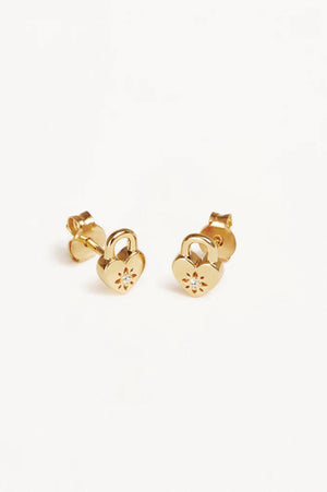 Crystal Lotus Heart Padlock Stud Earrings | Gold