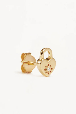 Crystal Lotus Heart Padlock Stud Earrings | Gold