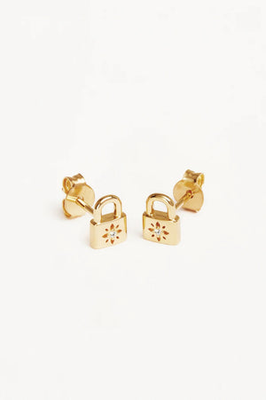 Crystal Lotus Padlock Stud Earrings | Gold