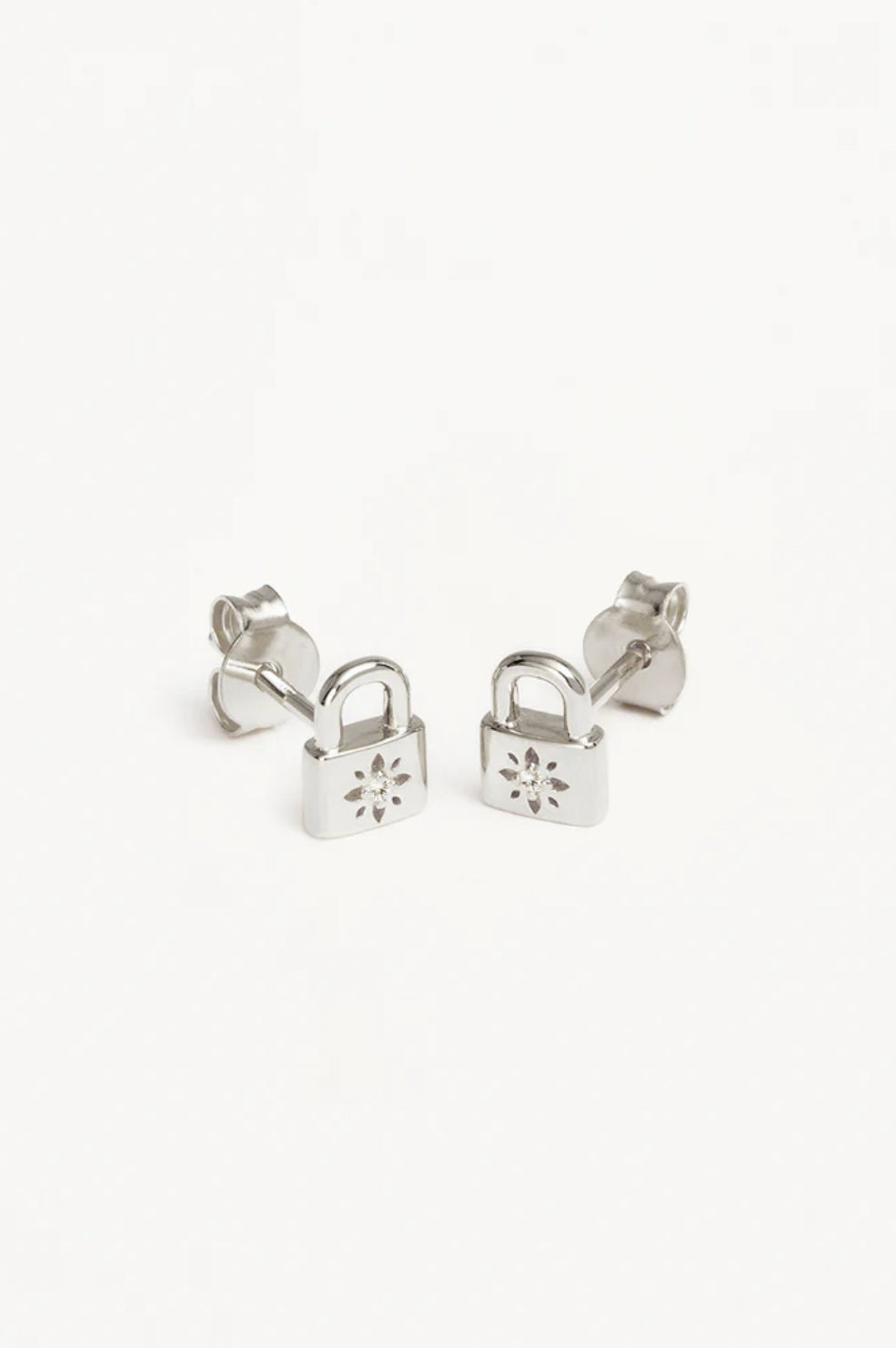 Crystal Lotus Padlock Stud Earrings | Silver