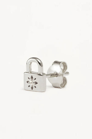 Crystal Lotus Padlock Stud Earrings | Silver