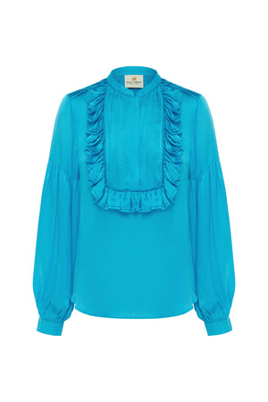 Turquoise Silk Ruffle Blouse